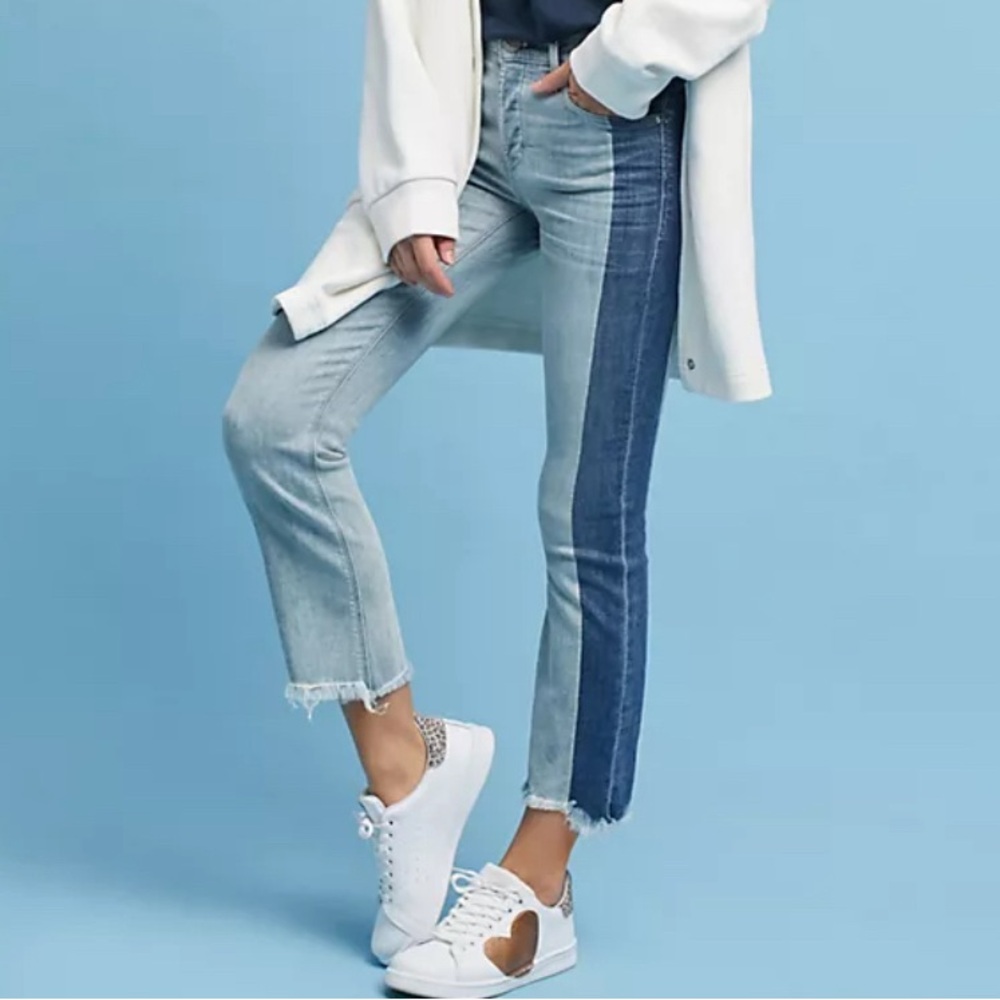 MCGUIRE -VINTAGE- MID-RISE TWO-TONE SLIM JEANS WITH FRAYED HEM